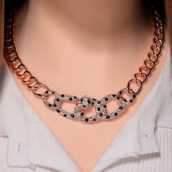 Bold Rose Gold Chain Necklace with Pave Panther Link Detail NWT - Picture 1 of 5